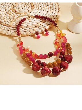 Multistrand Red & Pink Beaded Statement Necklace - Women Jewelry